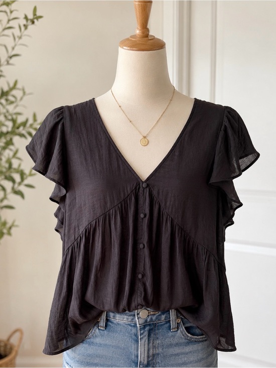 Maison D' Amelie Tops - V-Neck Black Flutter Sleeve Button-Front Blouse
